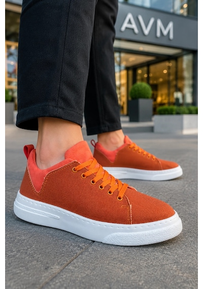 Mevese Ont Bağcıklı Keten Dokulu Hafif Taban Erkek Günlük Casual Sneaker Ayakkabı - Turuncu