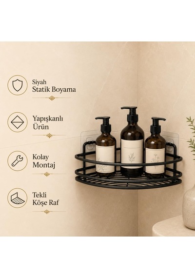 Lexroo Yapışkanlı Siyah Köşe Banyo Rafı, Tekli Köşe Şampuanlık