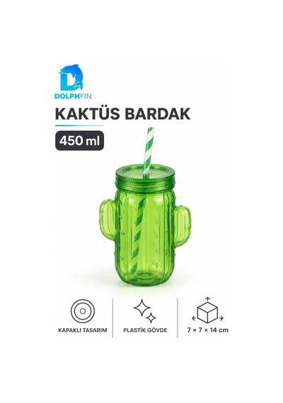 Kaktüs Pipetli Bardak 450 Ml Kapaklı Plastik İçecek Bardağı Çok Renkli