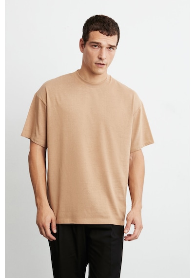 Grımelange Jett Erkek Oversize Fit %100 Organik Pamuk Kalın Dokulu Bisiklet Yakalı Kahverengi T-shirt Kahverengi
