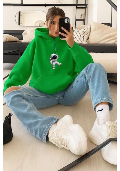 Benroma 3 İplik Penye Astronot Unisex Kapüşonlu Sweat Yeşil