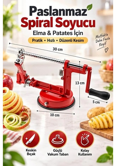 Paslanmaz Çelik Spiral Elma Patates Soyucu Dilimleme Makinesi Vantuzlu Dilimleyici Slicer Kırmızı
