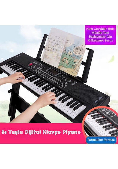 Başlangıç İçin 61 Tuşlu Elektronik Dijital Profosyenel Org Piyano Mikrafonlu Keyboard Siyah