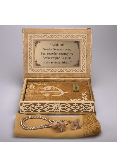 Şal + Tesbih + Kuran Hediye Seti (Orta Boy. Gold. Gold Pleksi) N11.2729