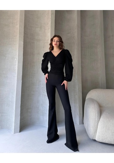 Markahit Defile V Yaka Drape Detaylı Crep Bluz Siyah