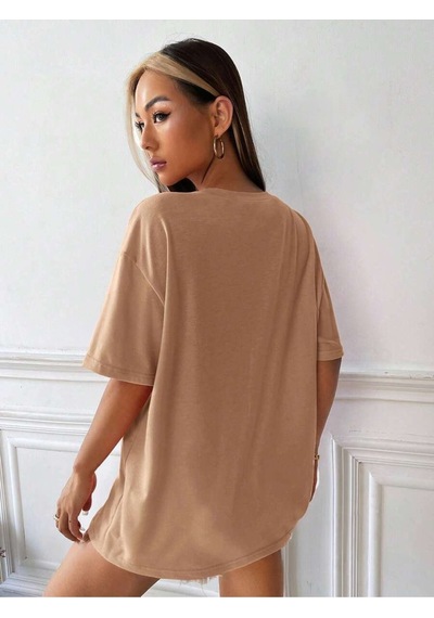 Aloha T-shirt - Bej Baskılı Oversize Bisiklet Yaka Kısa Kol Tişört Bej