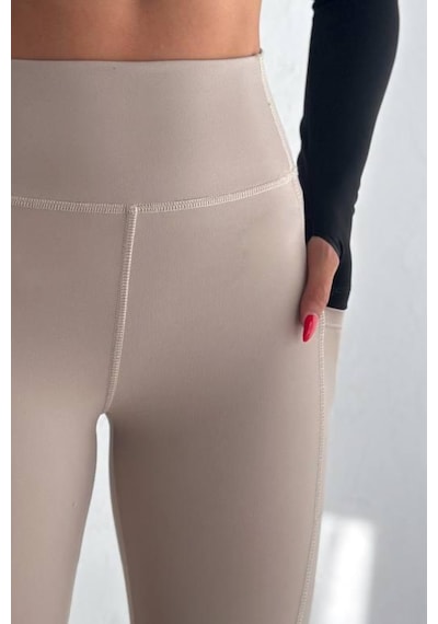 Balenbi Haute Kadın Yüksek Bel Toparlayıcı Çift Cepli Leggings Fitness Tayt 1092 Bej