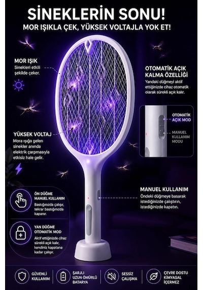 Şarjlı Sinek Öldürücü Sivrisinek Raketi Elektrikli Karasinek Haşere Kovucu Mor Işıklı Sineklik Aleti