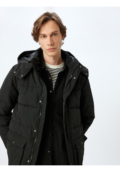 Koton Şişme Mont Kapşonlu Fermuarlı Cep Detaylı Slim Fit Siyah 5wam00012hw Siyah