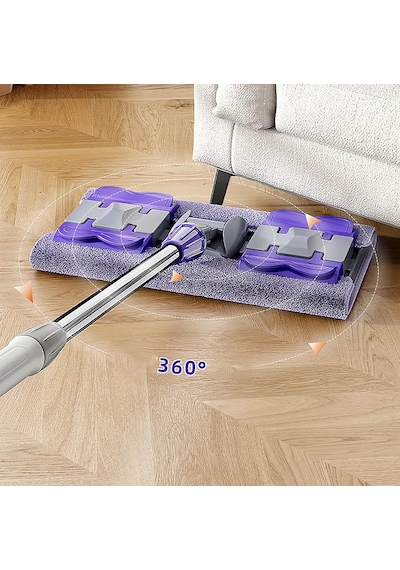 Mandallı Kaliteli Mop, 360 Derece Döner Başlıklı, Saplı, Yoğun Kullanıma Uygun, Sert Zeminler İçin Uygun, İthal, 1 Adet Yedek Bez, Mor