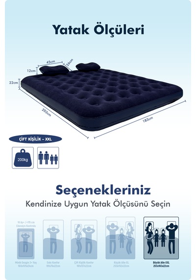 Livenzi Nature Çift Kişilik Şişme Yatak & Yastık + Manuel Şişirme Pompası 203 X 183 X 22 Cm Lacivert