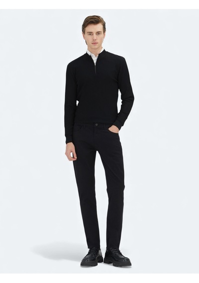 Kip Siyah Düz Dokuma Slim Fit Casual Pamuk Karışımlı Pantolon Siyah -