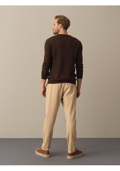 Xint Kahverengi Regular Fit Açık V Yaka Pamuklu Kazak 801658