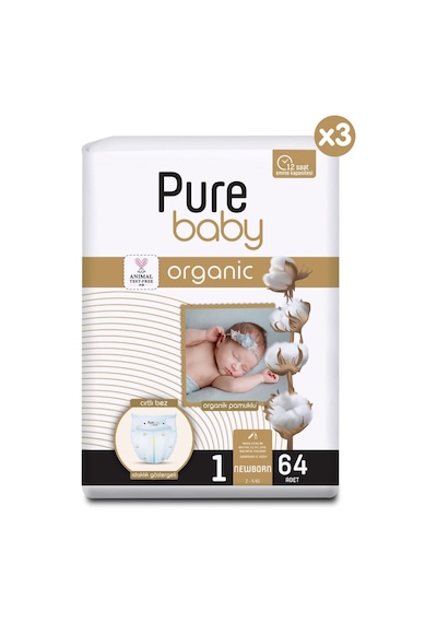 Pure Baby Organik Pamuklu Cırtlı Bez 3'lü Paket 1 Numara Yenidogan 192 Adet 3'lü