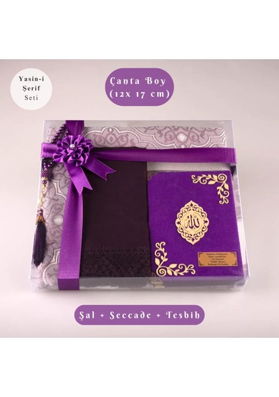 Şal + Seccade + Tesbih + Yasin Hediye Seti Çanta Boy, Şems Lafzatullah, Raşel Cilt, Mor