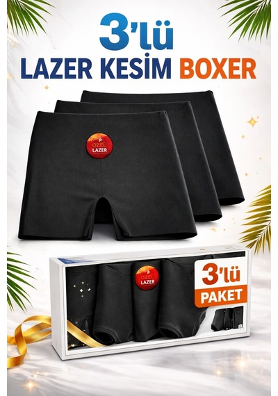 Qulat 3 Lü Kadın Lazer Kesim Boxer Siyah Beyaz Ten Karışık Dikişsiz Yüksek Bel Esnek Külot Siyah