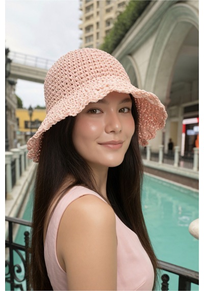 Mollycrush Kadın Pembe Hasır İp El Örmesi Bucket Şapka Plaj Trend Tasarım Pembe