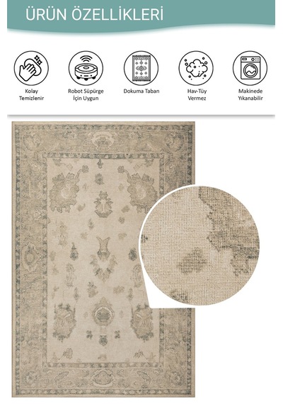 Relic Bej Vintage Dokulu Klasik Desenli Dokuma Tabanlı Şönil Halı Al 514 Bej