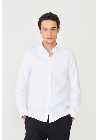 Beyaz Düğmeli Yaka Uzun Kollu Gömlek Slim Fit Beyaz