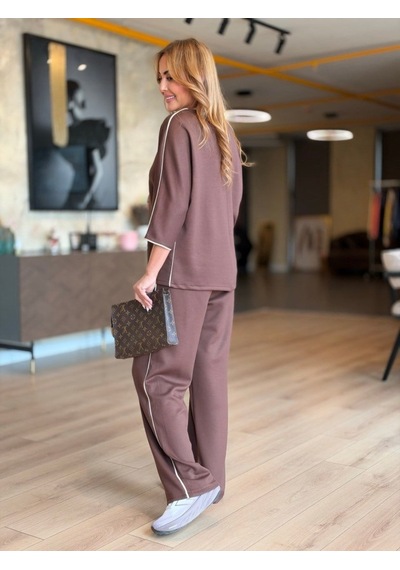 Butik İstanbul Kadın Dirsek Boy Kol Şeritli Ikili Takım Sütlü Kahve