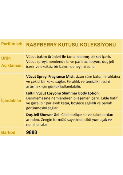 Nurxos 9888 Raspberry Ahududu Hediyelik Kutulu 3'lü Set Vücut Spreyi & Losyon & Duş Jeli