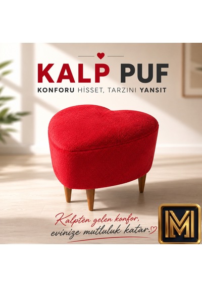 Kalp Puf 1 Peluş Kumaşlı Dekoratif Modern Oturma Pufu Yumuşak Dokulu Tabure Konforlu Şık Ve Rahat Tasarım Gürgen Ayaklı Kırmızı