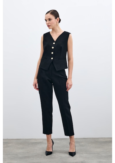 Sateen Yüksek Bel Pensli Pantolon - Siyah-135707 Siyah
