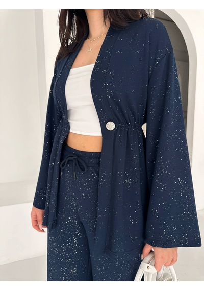 Kadın Simli Uzun Kol Modal Kumaş Kimono Pantolon İkili Takım Şık Ve Rahat Kadın Takım Lacivert Kadın Simli Uzun Kol Modal Kumaş Kimono Pantolon İkili Takım Şık Ve Rahat Kadın Takım Lacivert