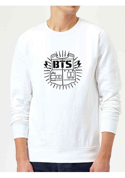 Bts Logo Baskılı Beyaz Erkek Örme Sweatshirt