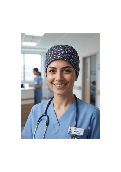 Cerrahi Bone Yıkanabilir Kumaş Desenli Lastikli Doktor Hemşire Hastane Bonesi Unisex Mavi Mavi