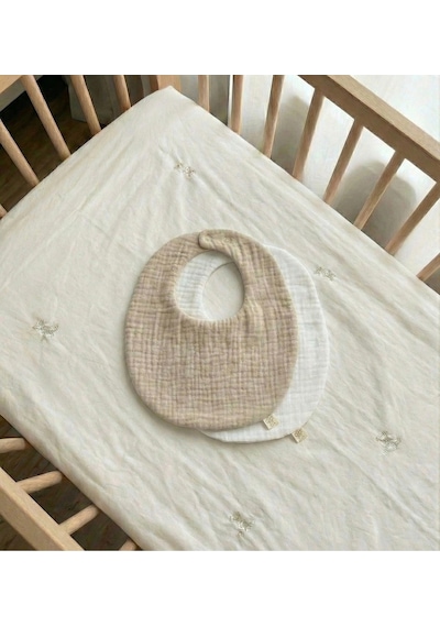 Oval Bej Ve Beyaz 2'li %100 Pamuk Müslin Bebek Önlüğü / Yakalık / Salya Önlüğü