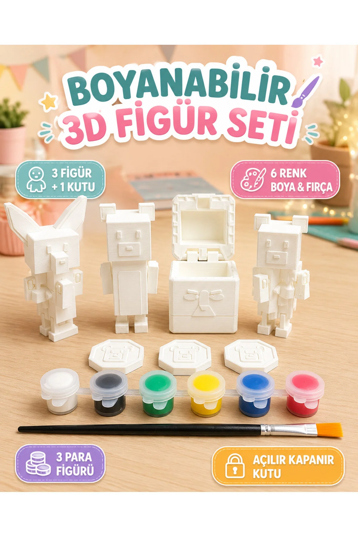 Super Bear Adventure 3d Figür Boyama Seti 7 Parça 4 Figür 6 Renk Boya Fırça 8 Cm Hareketli Plastik