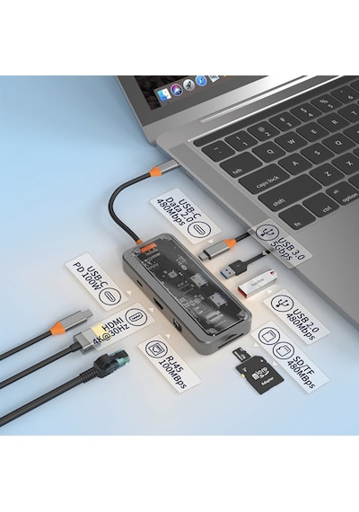 100w Turbo 8in1 Type-c Hdmı Ethernet Usb Sd Kart Okuyucu Usb Çevirici Adaptör iPad Apple Uyumlu MacBook Tablet