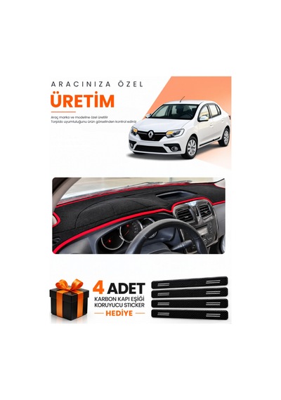 Renault Symbol Kısa Tip 1 2013-2021 Uyumlu Torpido Koruma Örtüsü Oto Kılıfı - Siyah Kırmızı