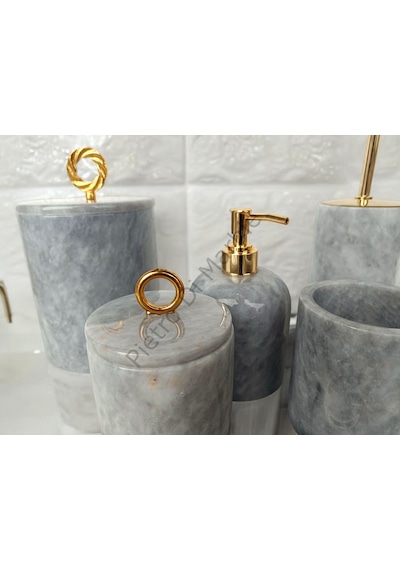 Gri Mermer Klasik Model 7 Parça Gold Renk Halka Aksesuarlı Banyo Seti Gri