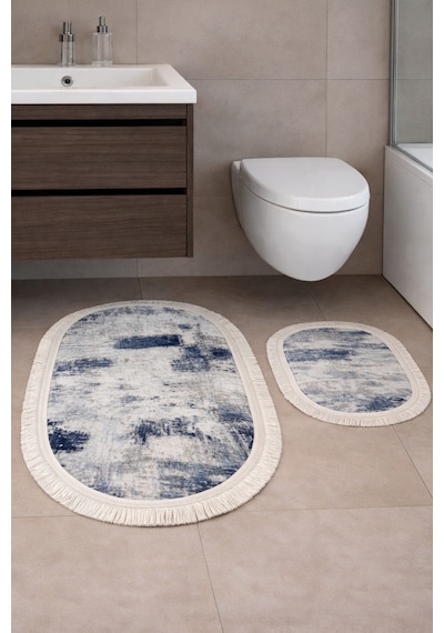 Kaymaz Tabanlı 2 Li Banyo Paspas Seti Yıkanabilir, Su Emici, Toz & Leke Tutmaz Oval Klozet Takımı Kahverengi - Lacivert