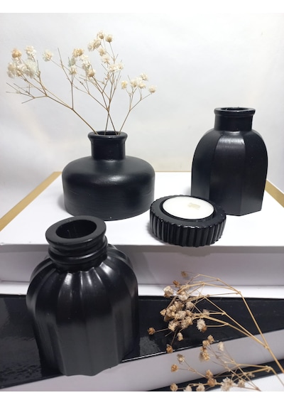 Modern Minimal Vazo Set 3'lü, Ev & Ofis Hediyelik, Dekoratif Obje, Siyah