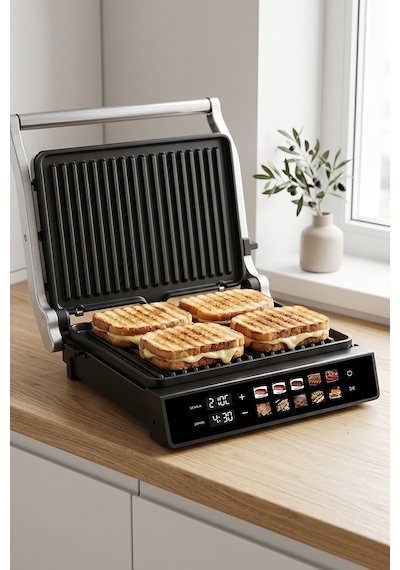 Sinbo SSM-2597 2000 W 10 Ön Ayarlı Dijital Ekranlı Sıcaklık Ve Zaman Göstergeli Döküm Plakalı Izgara Ve Tost Makinesi