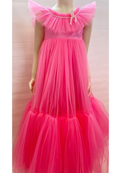 Porça Kız Çocuk Katlı Fırfırlı Uzun Abiye Elbise-8071-pembe Pembe