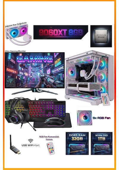 Comloji CMLJ36 R9-9900X 32 GB 1 TB SSD RX9060XT 23.8" Free Dos Masaüstü Oyuncu Bilgisayarı