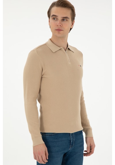 U.S. Polo Assn. Erkek Regular Fit Yarım Fermuarlı Kum Melanj Basic Kazak 50298266-VR085