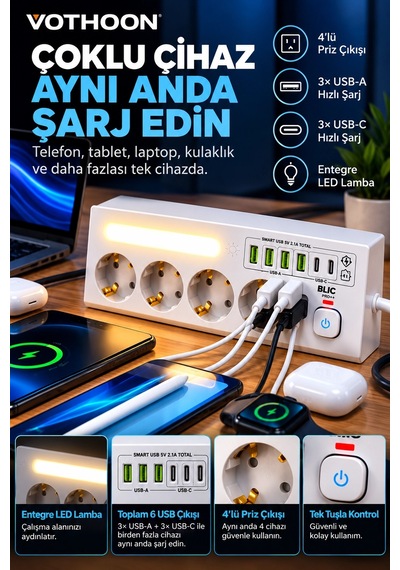 Çoklu Gece Lambalı Üçgen Priz Akım Korumalı 4 Lü Priz 3xusb 3xtype-c Çıkışlı Grup Priz Beyaz Diğer
