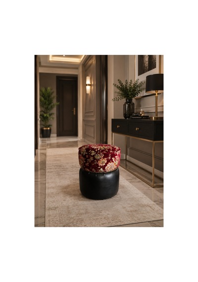 Özel Yuvarlak Hakiki Deri Puf Şıklığıyla Ortamın Havasını Değiştirir Bordo Siyah - 878146392 Bordo Siyah