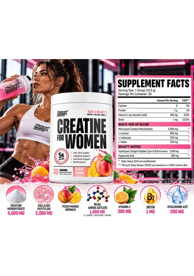 Nutrex Research Creatine For Women Hydrolyzed Collagen Hyaluronic Acid 314.98 G Aromalı