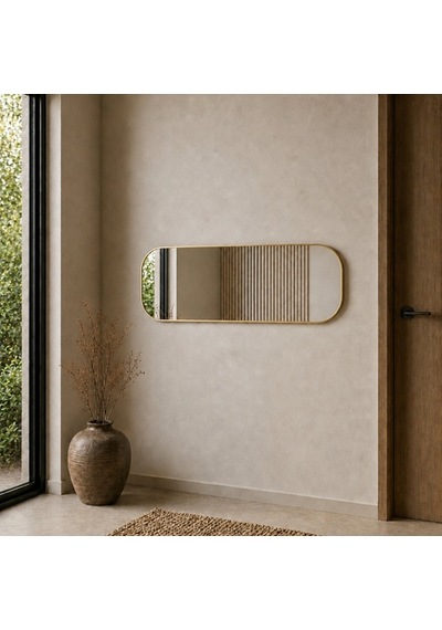 Modern Oval Boy Aynası 40x120 Cm Yuvarlak Hatlı Minimalist Dekoratif Duvar Aynası 2026 Trend Altın