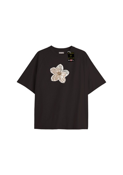 Flood Of Style Siyah Oversize T-shirt Bej Çiçek Özel Tasarım