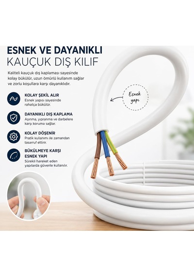 Tr 3x2,5 Mm Cca Ttr Beyaz Renk Kauçuk Topraklı Seyyar Elektrik Kablosu 10 Metre