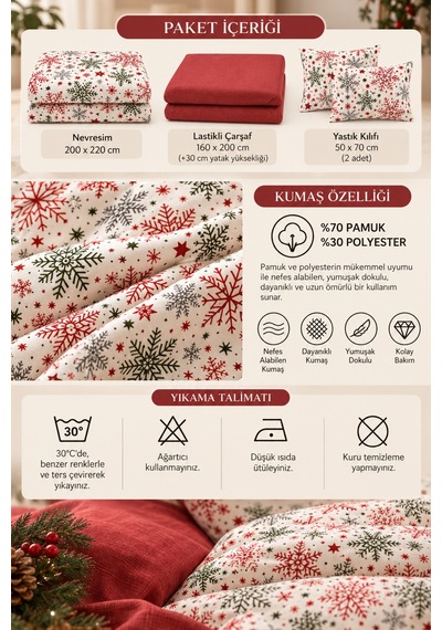 Lastikli Çarşaflı Çift Kişilik Nevresim Takımı Christmas Red Kırmızı Bej Yeşil