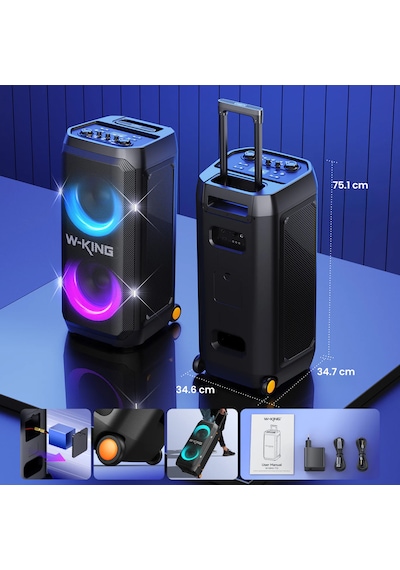 W-kıng T12 Bluetooth Hoparlör, 270w Rms Partybox Ultra Bass, 24 Saate Varan Çalma Süresi, 6 Rgb Işık Modu, Ipx5, Kablosuz Stereo Tws, Otg/usb/tf/aux/bluetooth 5.4, Ses Bombası, Siyah