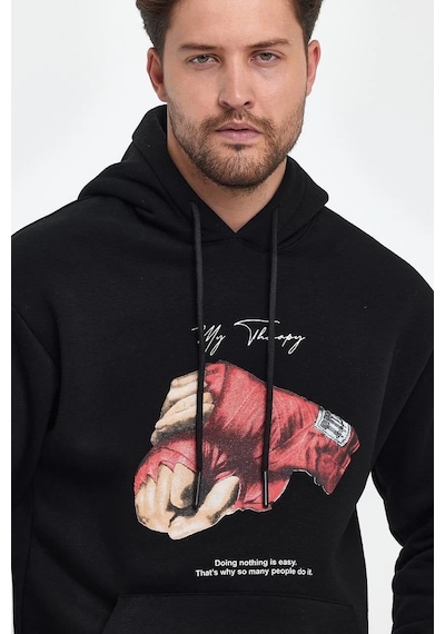 Barlashive Erkek 3 İplik Pamuklu Kapüşonlu Cepli Boxy Eldiven Baskılı Hoodie Sweatshirt - Siyah Çok Renkli